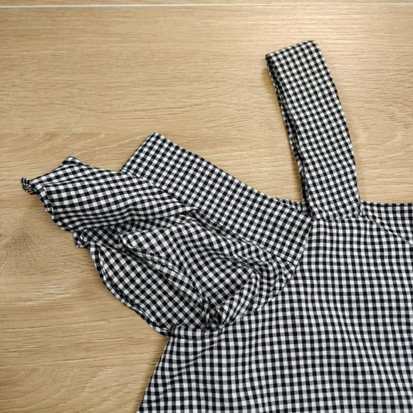 SAKS FIFTH AVENUE Cold Shoulder Top Gingham Check Floral Applique Black White S - Picture 3 of 8